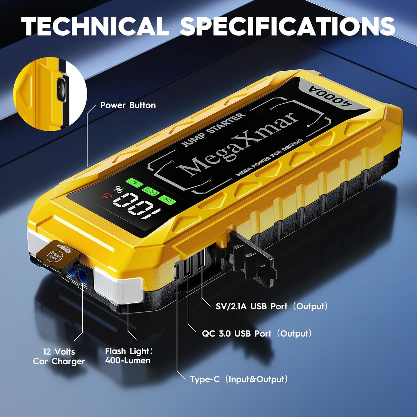 MegaXmar U4000 4000A peak current car battery jump starter